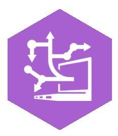 White graphic of a laptop with connecting arrows and nodes inside a purple hexagon.