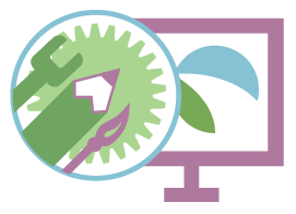 Icon of a computer monitor with design tools, including a gear, brush, and wrench, overlaid.