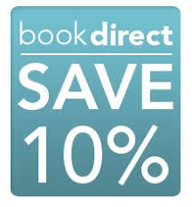 Book direct and save 10% in a blue square. White text: 