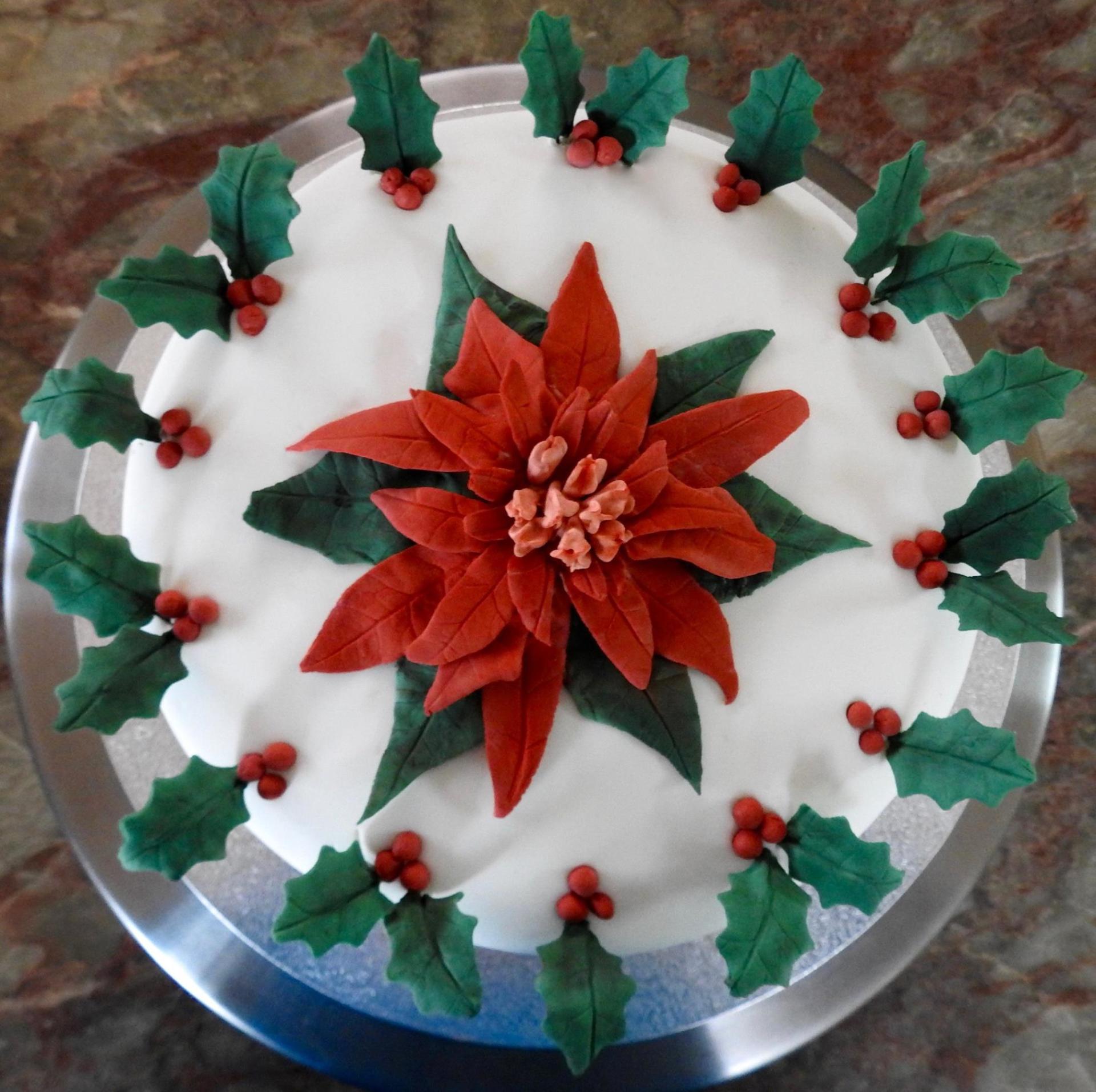 Christmas Cake with Poinsettia and Holly