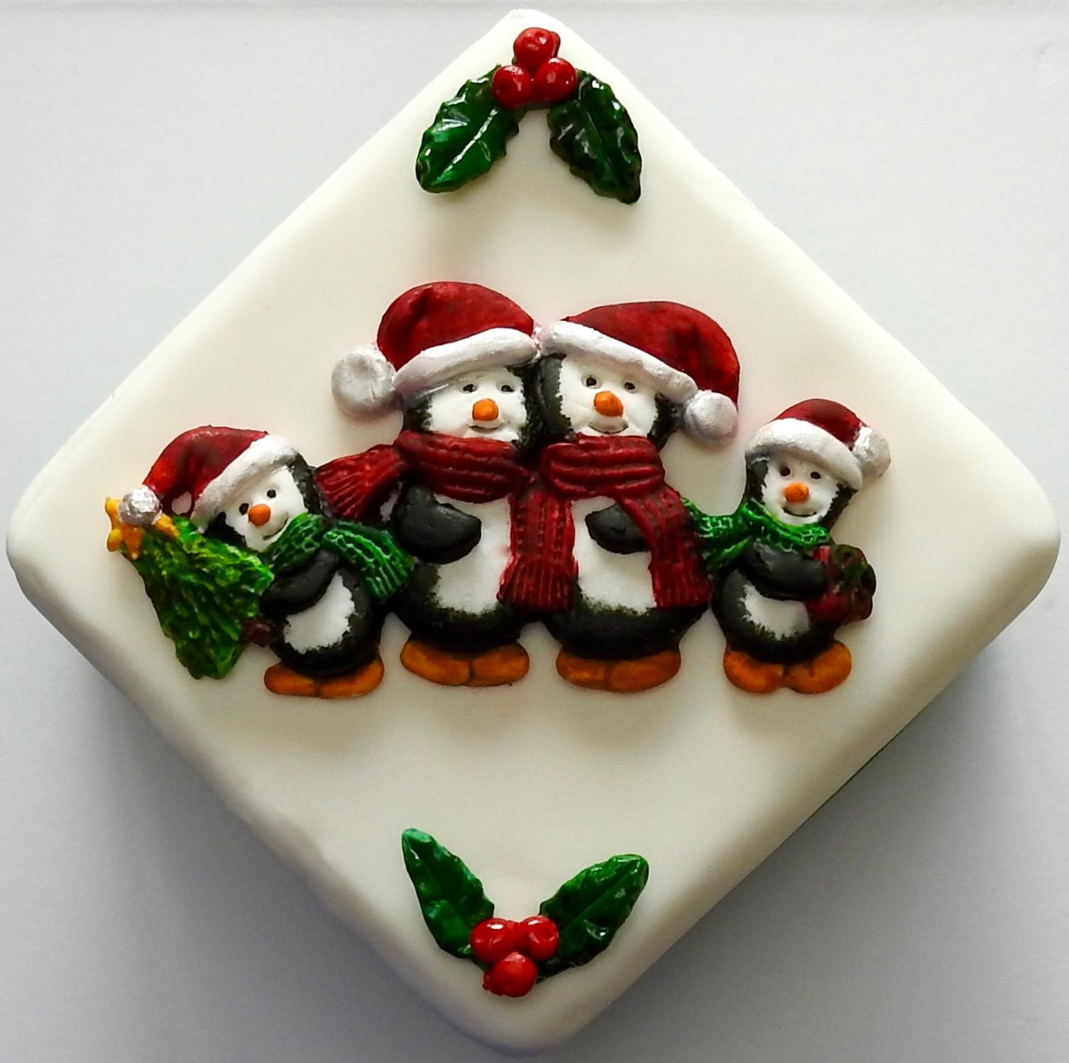 Christmas Cake with Christmas Penguins and Holly Topper
