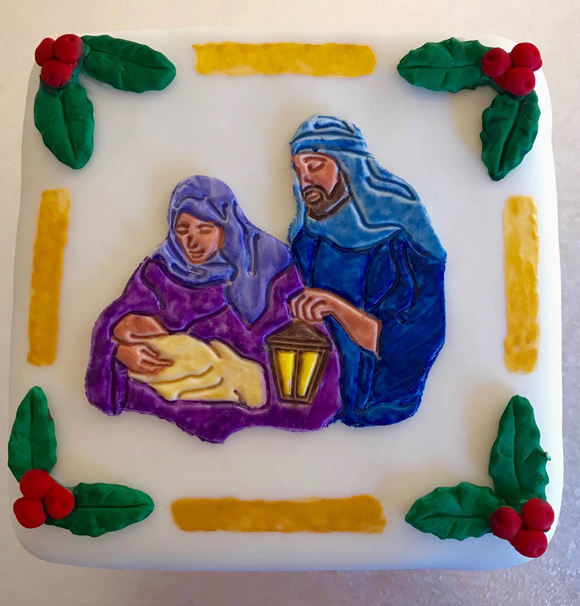 Christmas Cake. Nativity, Christian, Mary Joseph and Bayb Jesus, Holly