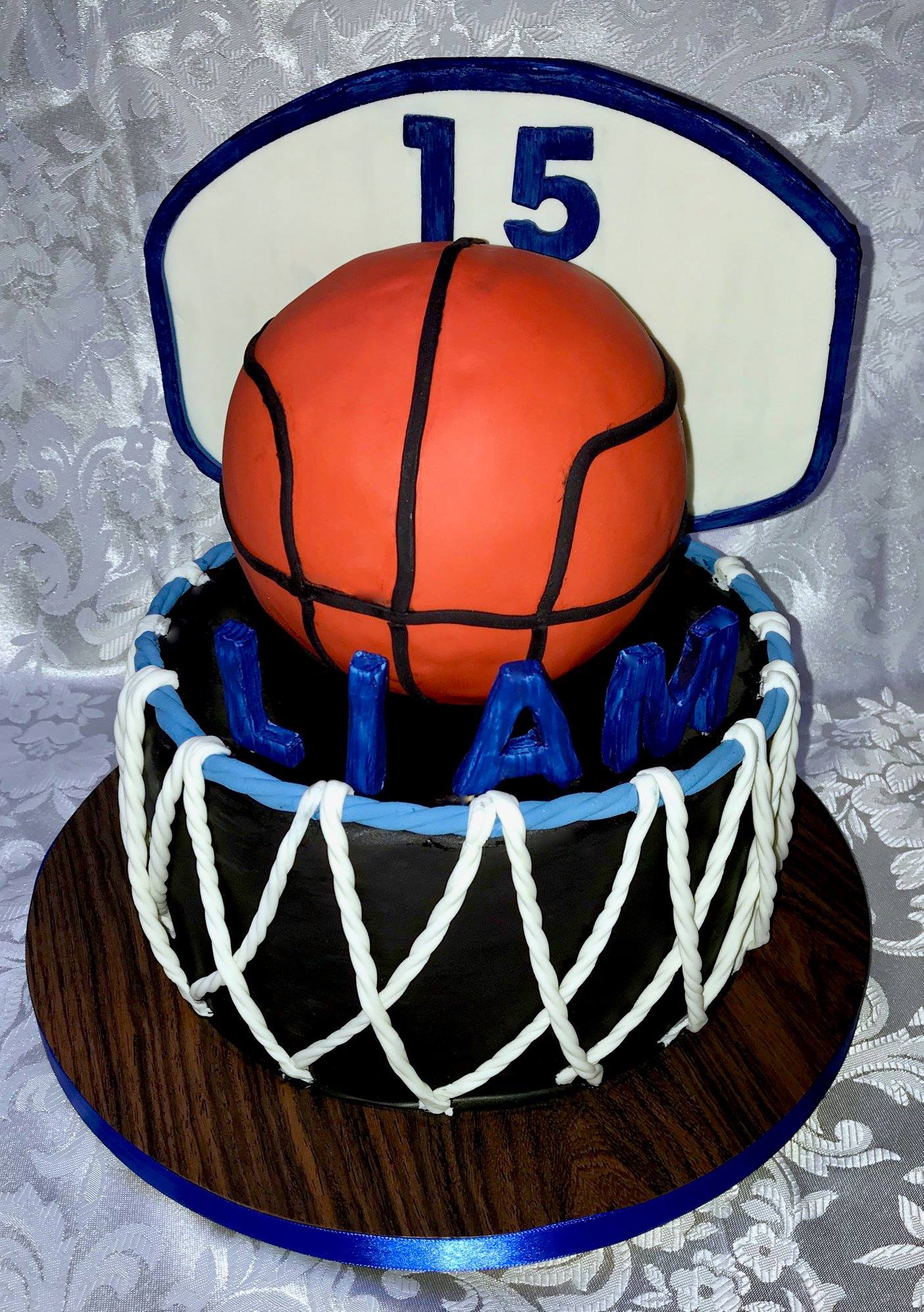 15th Boys birthday cake with basket ball net effect on sides and basket ball and backboard on top.