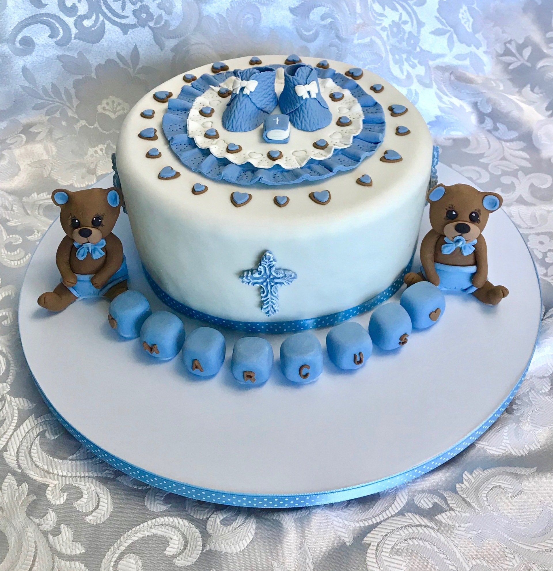 Boys Christening Cake. blue and white, baby bears, blocks, booties, hearts, cross and bible