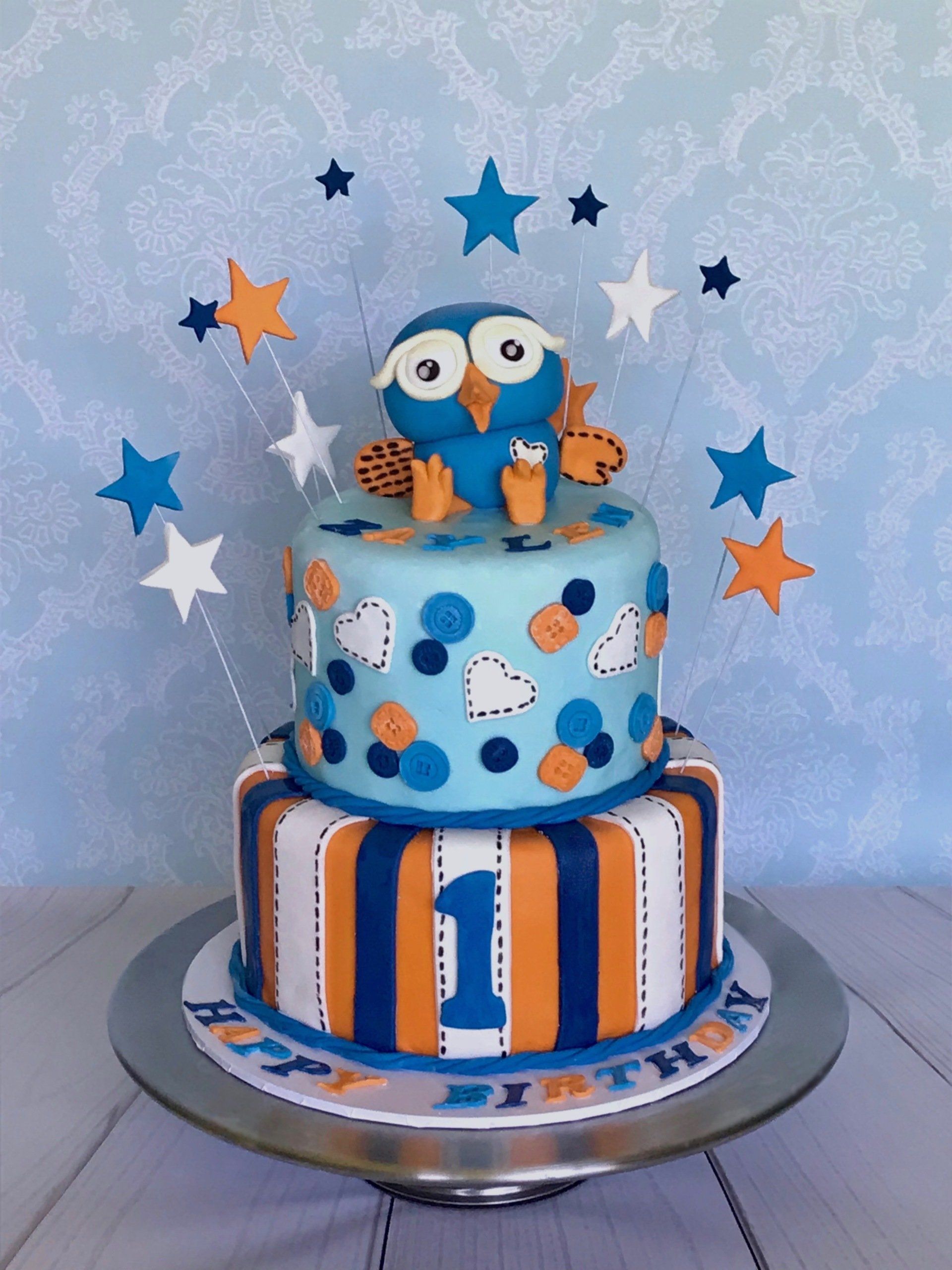 1st Birthday Cake. Boys, Cute blue ABC owl, stars, hearts and buttons in blue white and orange.