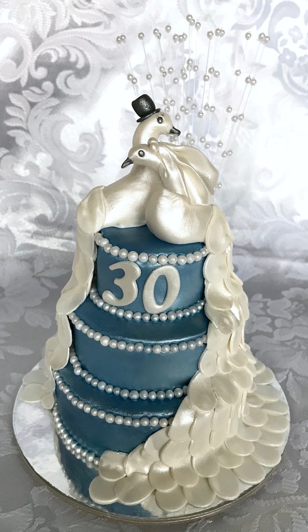 Minature 6.5inch tall pearlised blue Anniversary Cake with white pearlised sugar swans