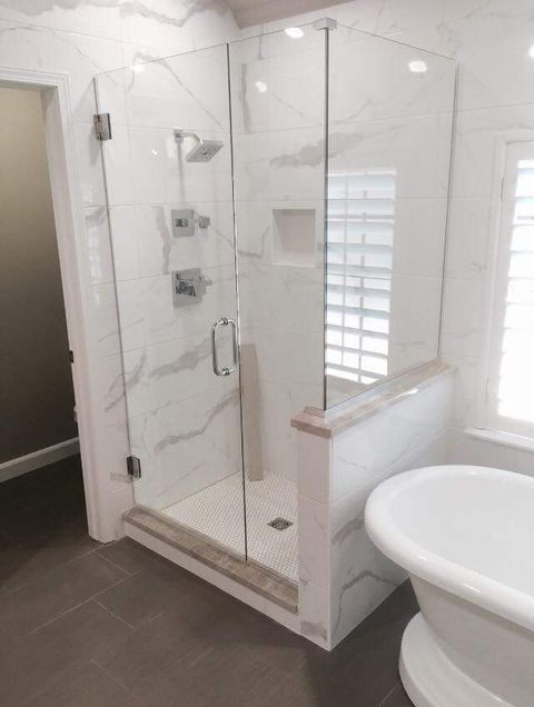 Shower Doors — Bathroom with Glass Shower Wall in Stillwater, OK Shower Doors — Bathroom with Glass Shower Wall in Stillwater, OK
