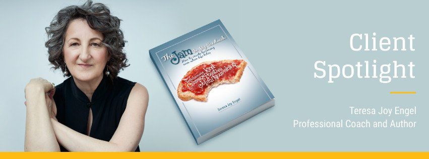 A woman is standing next to a book titled client spotlight