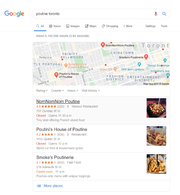 A screenshot of a google search for poutine toronto