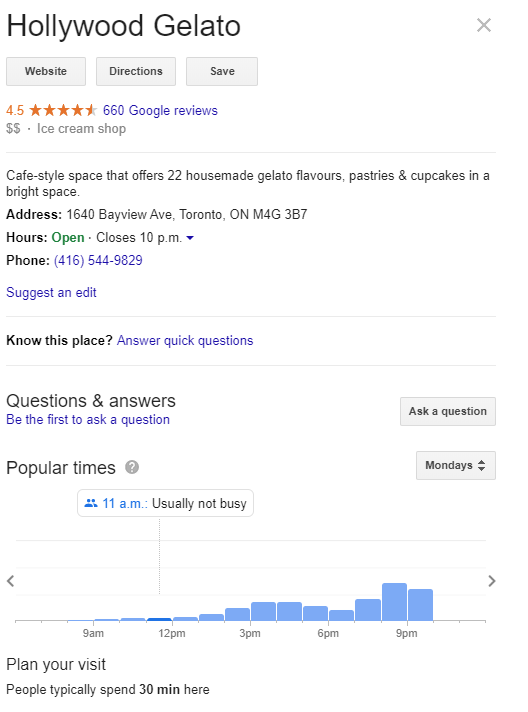 A screenshot of hollywood gelato on google maps.