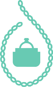 A necklace with a purse and a ring on it.