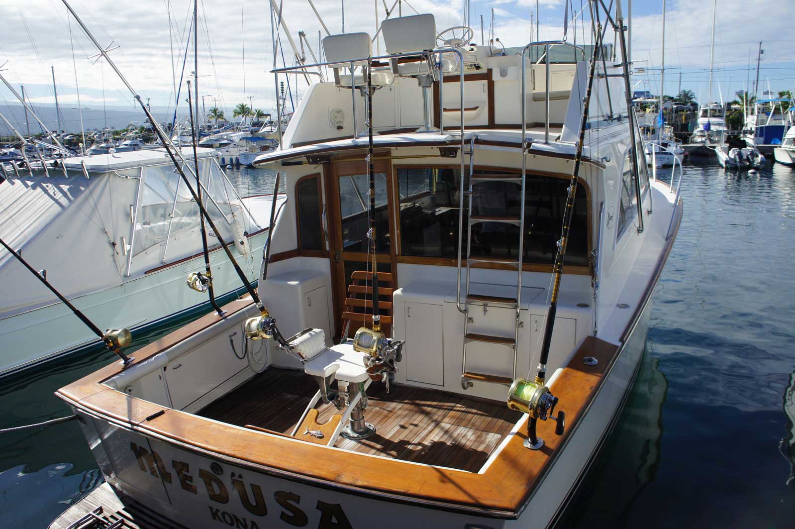 A boat called medusa is docked in a marina