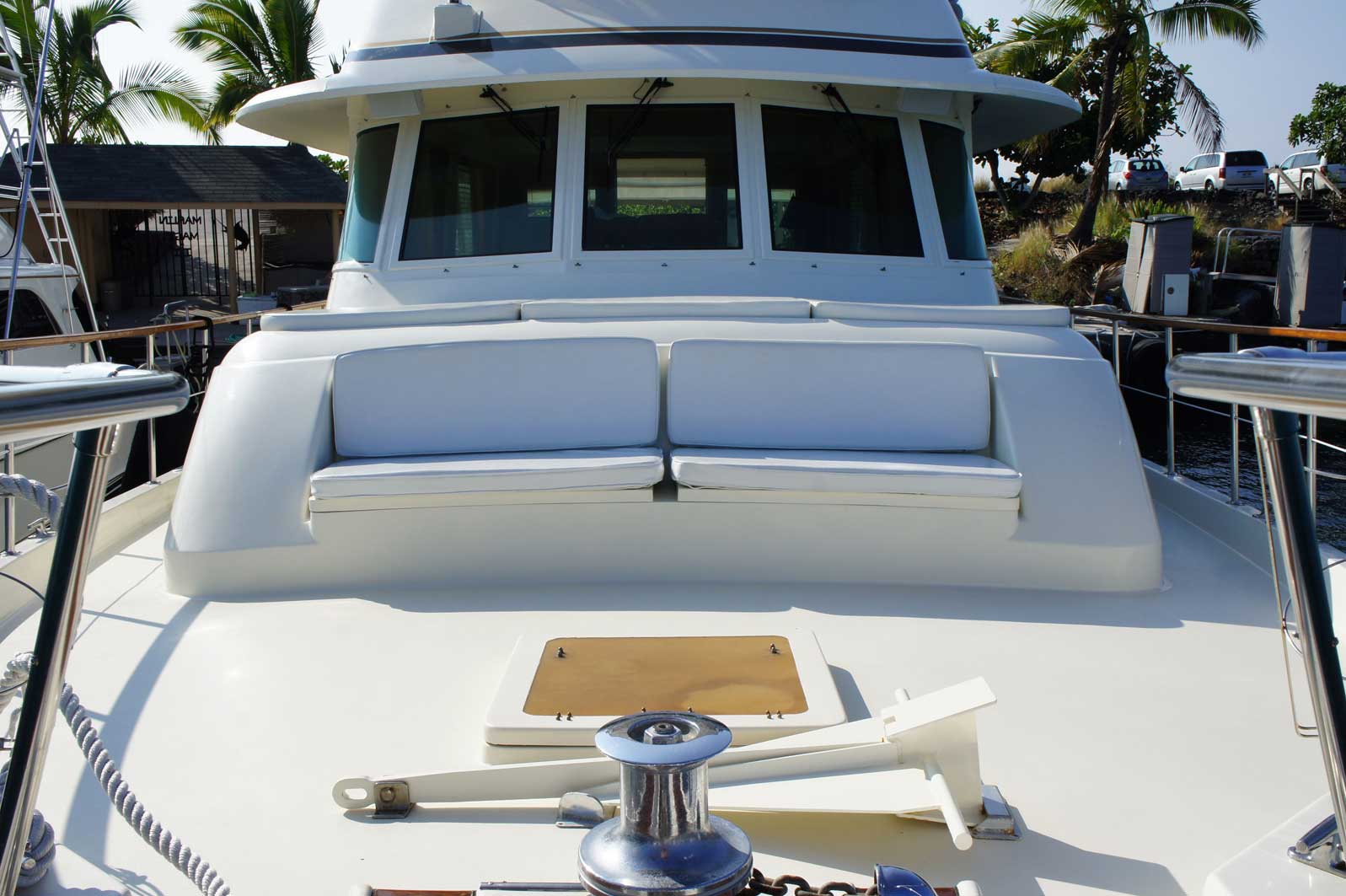 The front of a boat with a couch on it