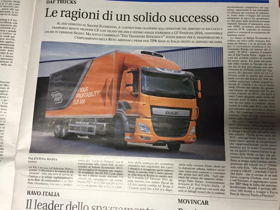 articolo di giornale su mezzi di trasporto industriali Daf