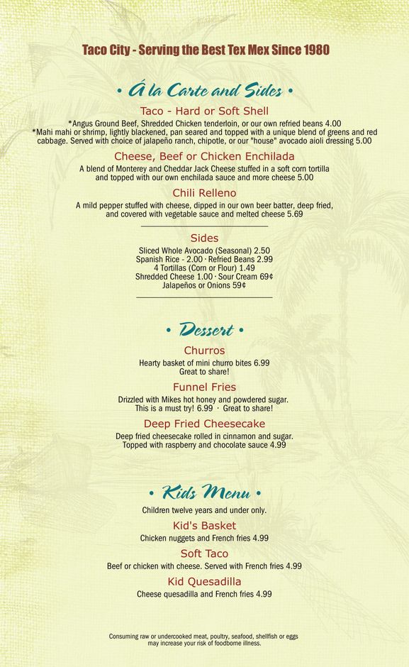 Taco City Menu Page 4 — Cocoa Beach, FL — Taco City