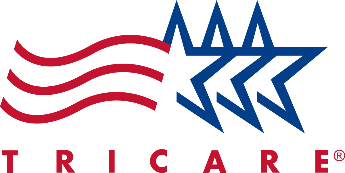 A red white and blue logo for tric care