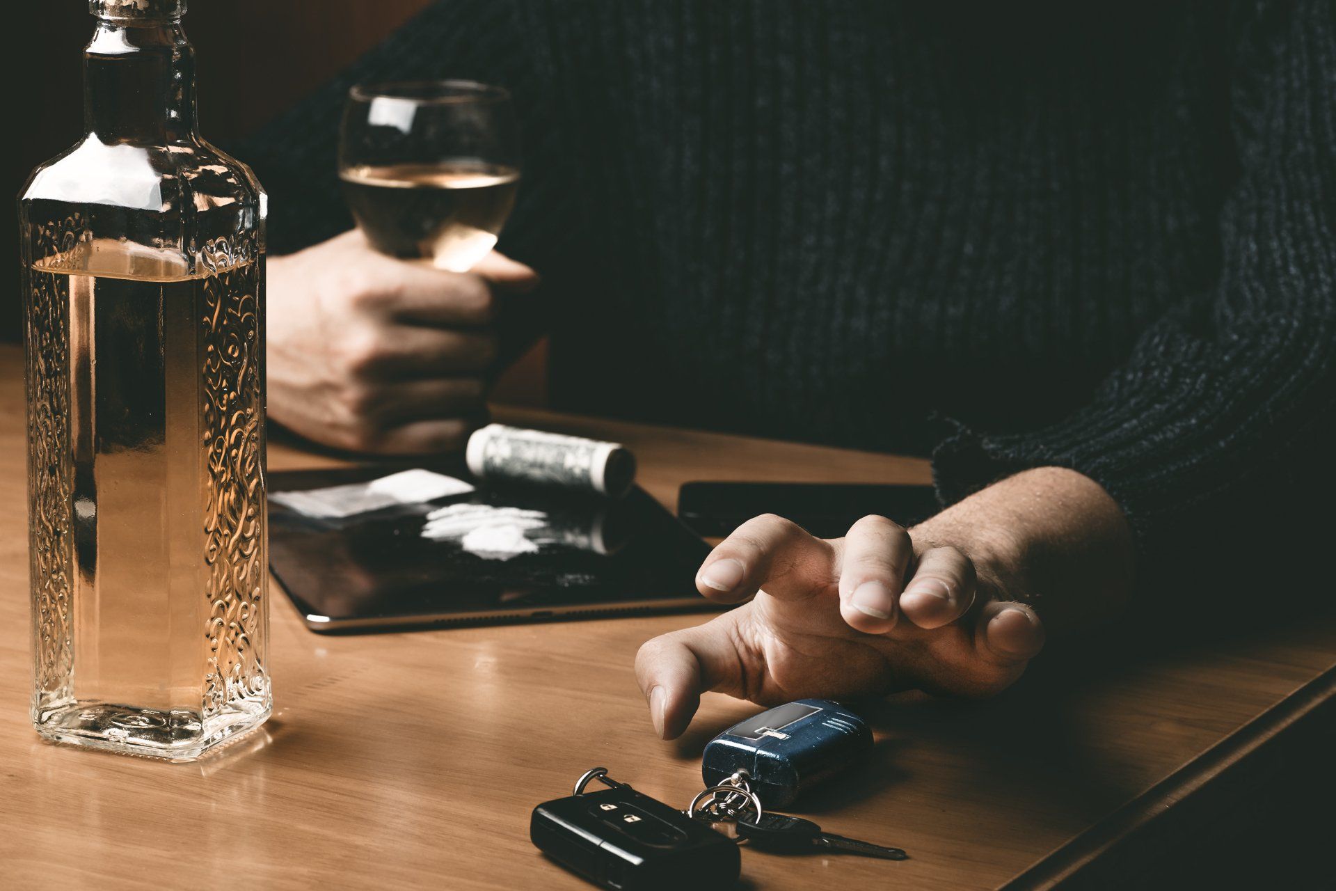 man takes car keys after using cocaine drug and drinking whiskey