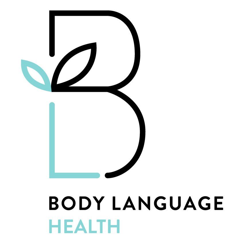 A logo for body language health with a letter b and leaves.