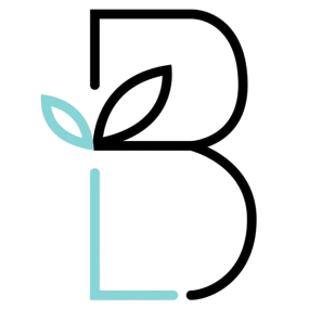 The letter b is surrounded by leaves on a white background.