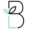 The letter b is surrounded by leaves on a white background.