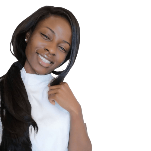 A woman with long black hair is smiling and holding her hair