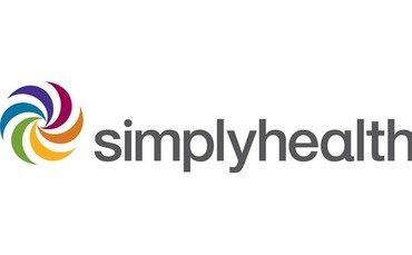 The logo for simply health is a rainbow colored swirl.