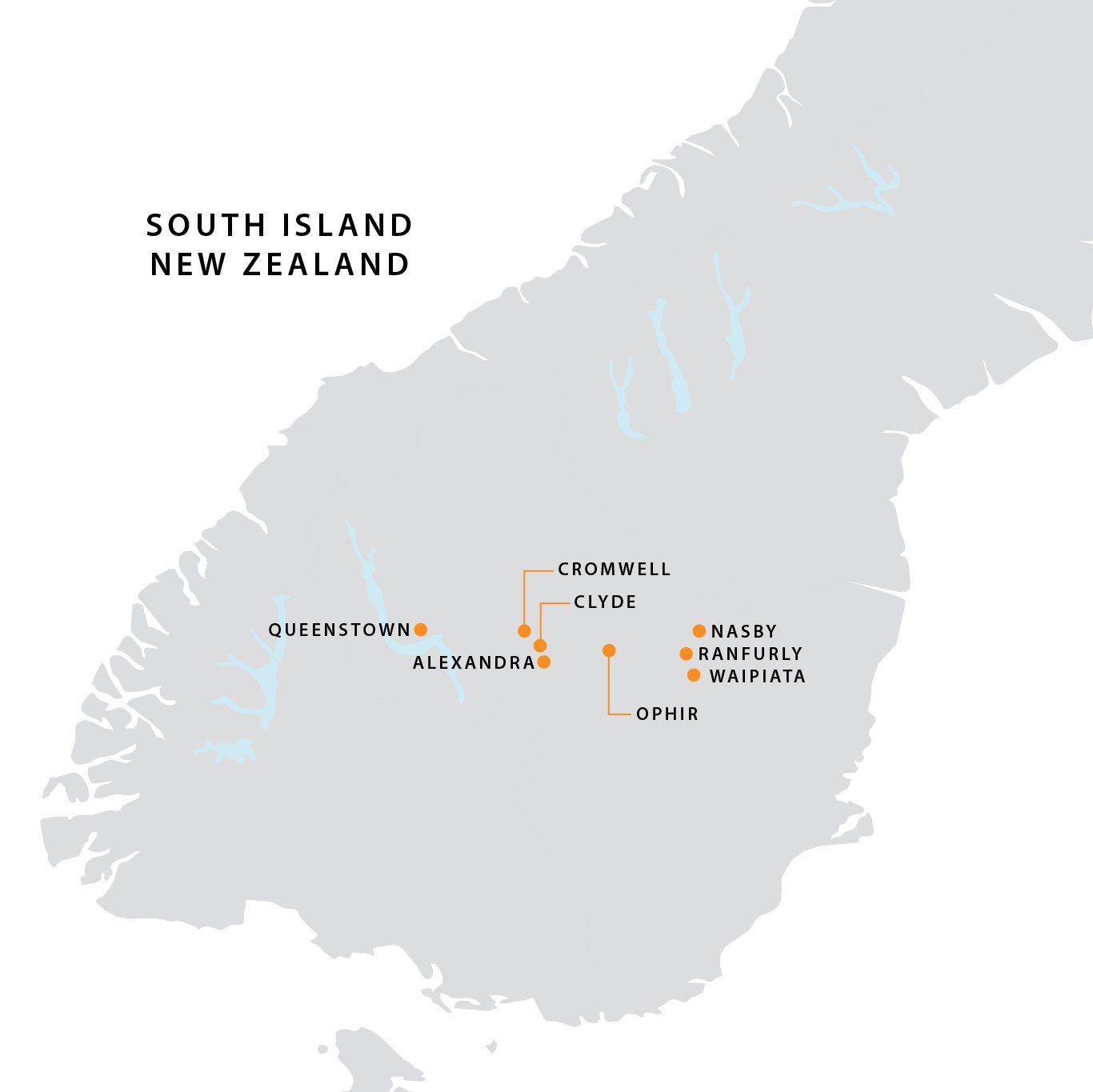 Map of New Zealand's South Island, highlighting town locations including Queenstown, Alexandra, Cromwell, and Omakau.