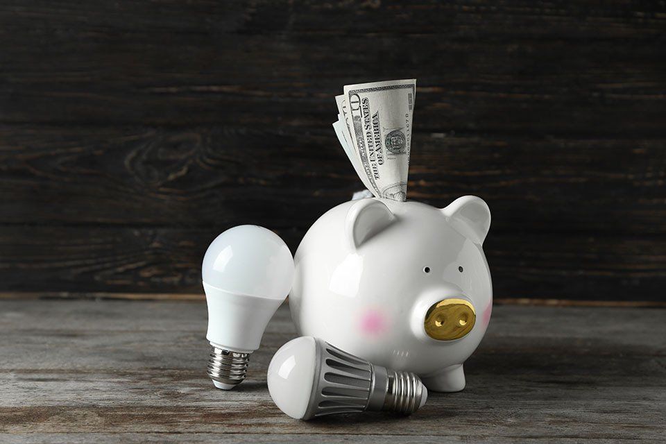 A piggy bank with money and light bulbs in it.