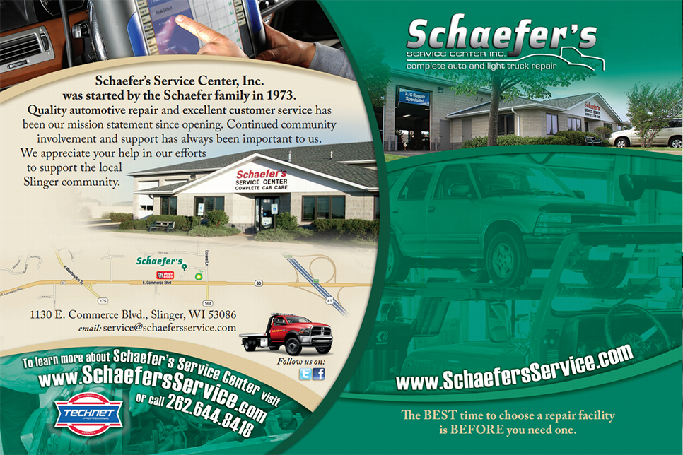 Advertisement for Schaefer's Service Center: building, truck, website address, phone number, and brief company history.