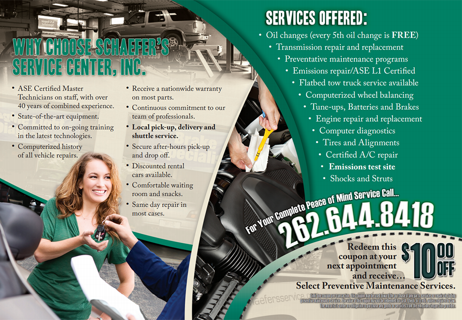 Advertisement for a car service center, offering services and a $10 off coupon.