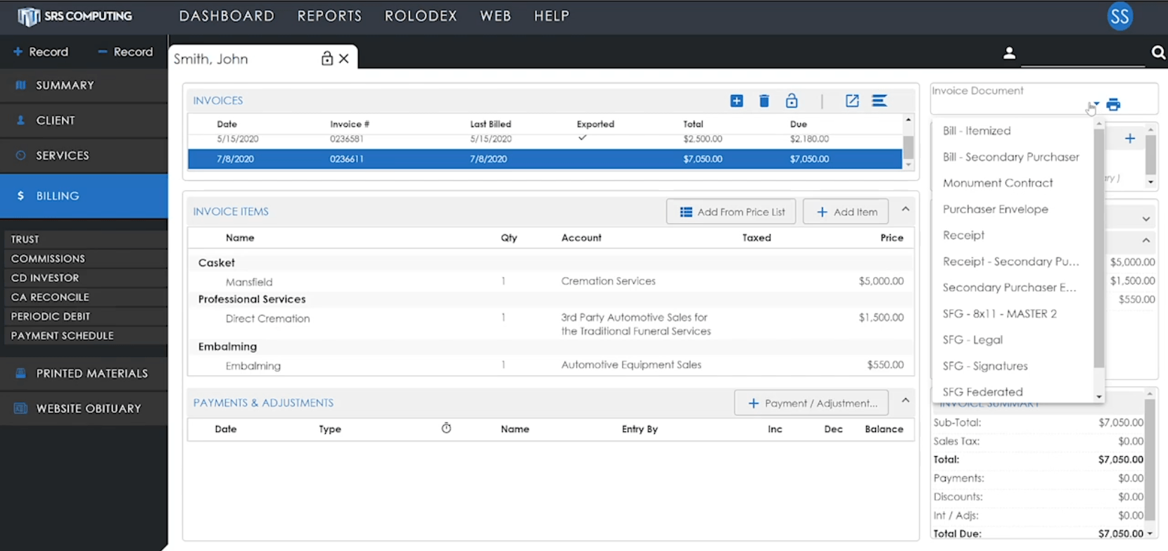 SRS Billing Tab Drop-Down Menu
