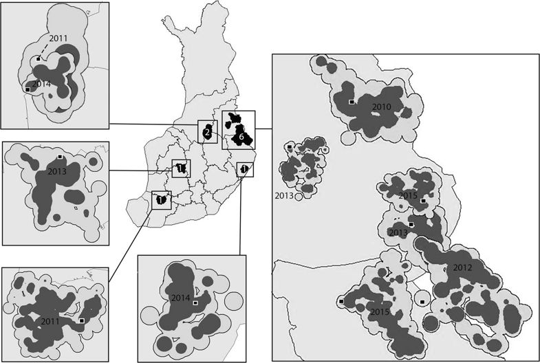 Wolfsgebiete in Finnland, in denen Angriffe stattgefunden haben (n = 11) im Zeitraum 2010–2015, für die detaillierte Daten zu Angriffen auf Haushunde verfügbar waren. Wolfsgebiete in Finnland, in denen Angriffe stattgefunden haben (n = 11) im Zeitraum 2010–2015, für die detaillierte Daten zu Angriffen auf Haushunde verfügbar waren.