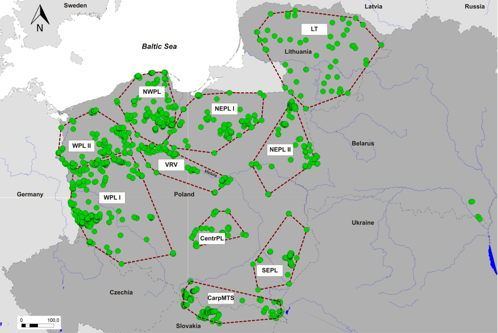 Abb.: Verteilung der in dieser Studie verwendeten genetischen Proben (grüne Punkte). Abb.: Verteilung der in dieser Studie verwendeten genetischen Proben (grüne Punkte).