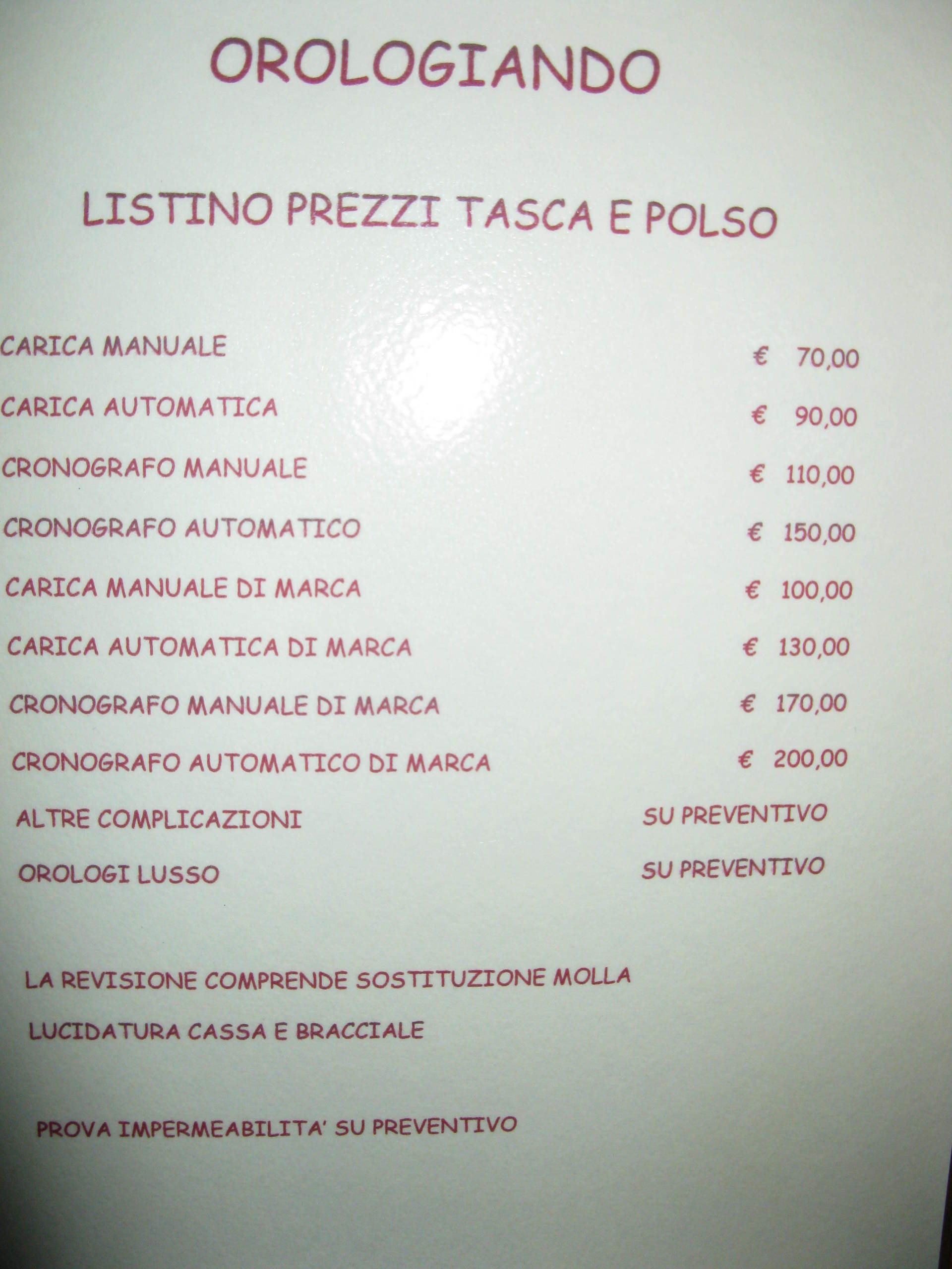 Listino prezzi del laboratorio di orologi