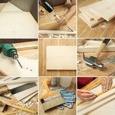 a variety of different repairs being done by different tools and equipment. Wood being cut and molder by different handyman equipment such as screwdrivers, rubber hammer, metal hammer, and tape measures. Different sized wood pieces for different projects.