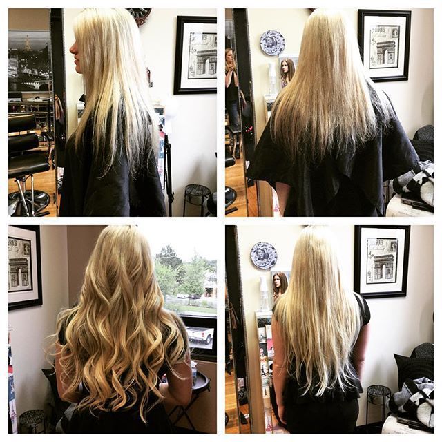 Four-panel collage: Blonde woman's hair styled straight, then curled. Interior salon setting.