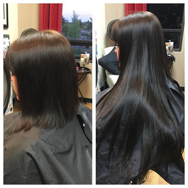 Before and after: Woman's dark hair, short to long, in a salon setting after hair extensions.