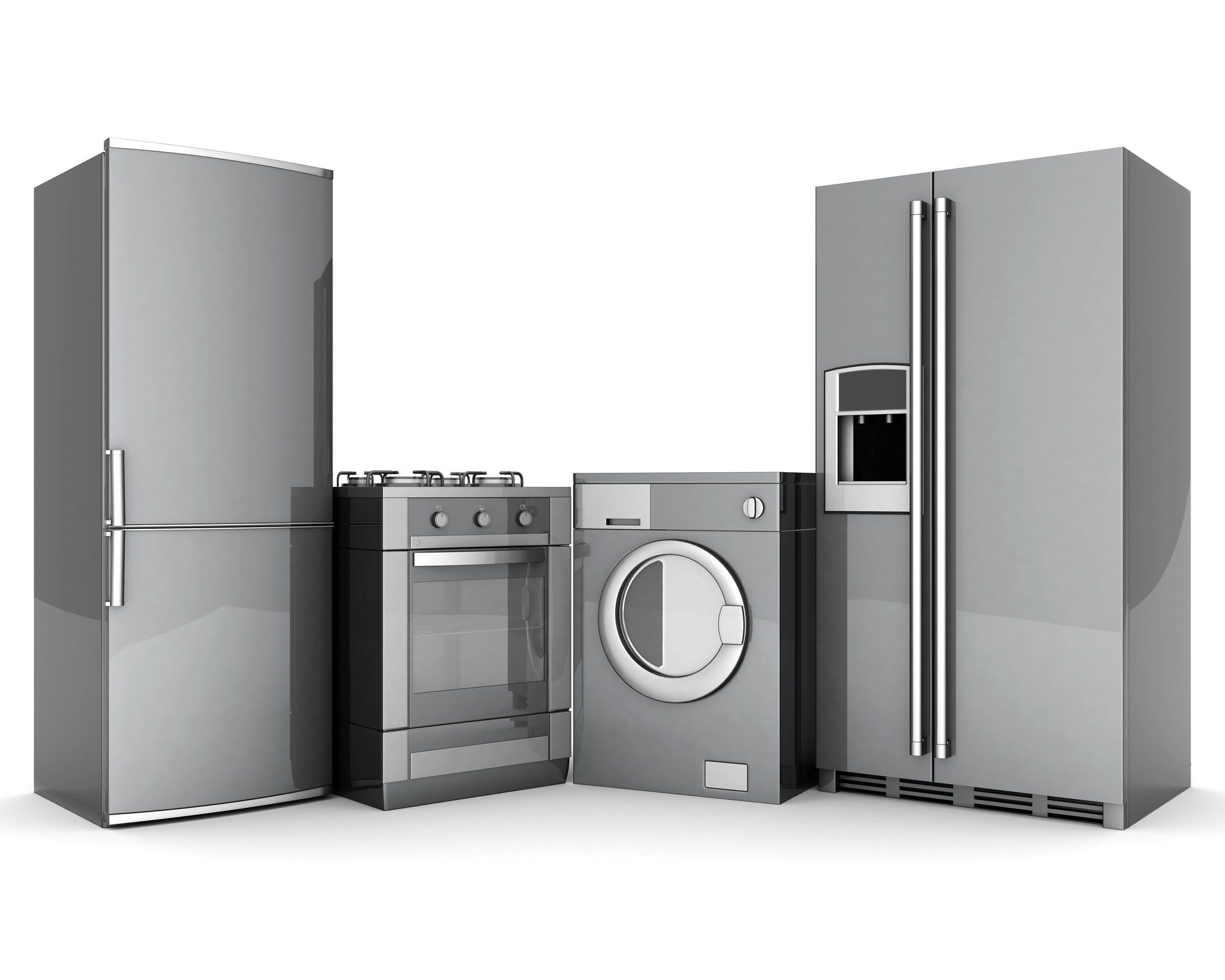 A refrigerator , washer and dryer are sitting next to each other on a white background.