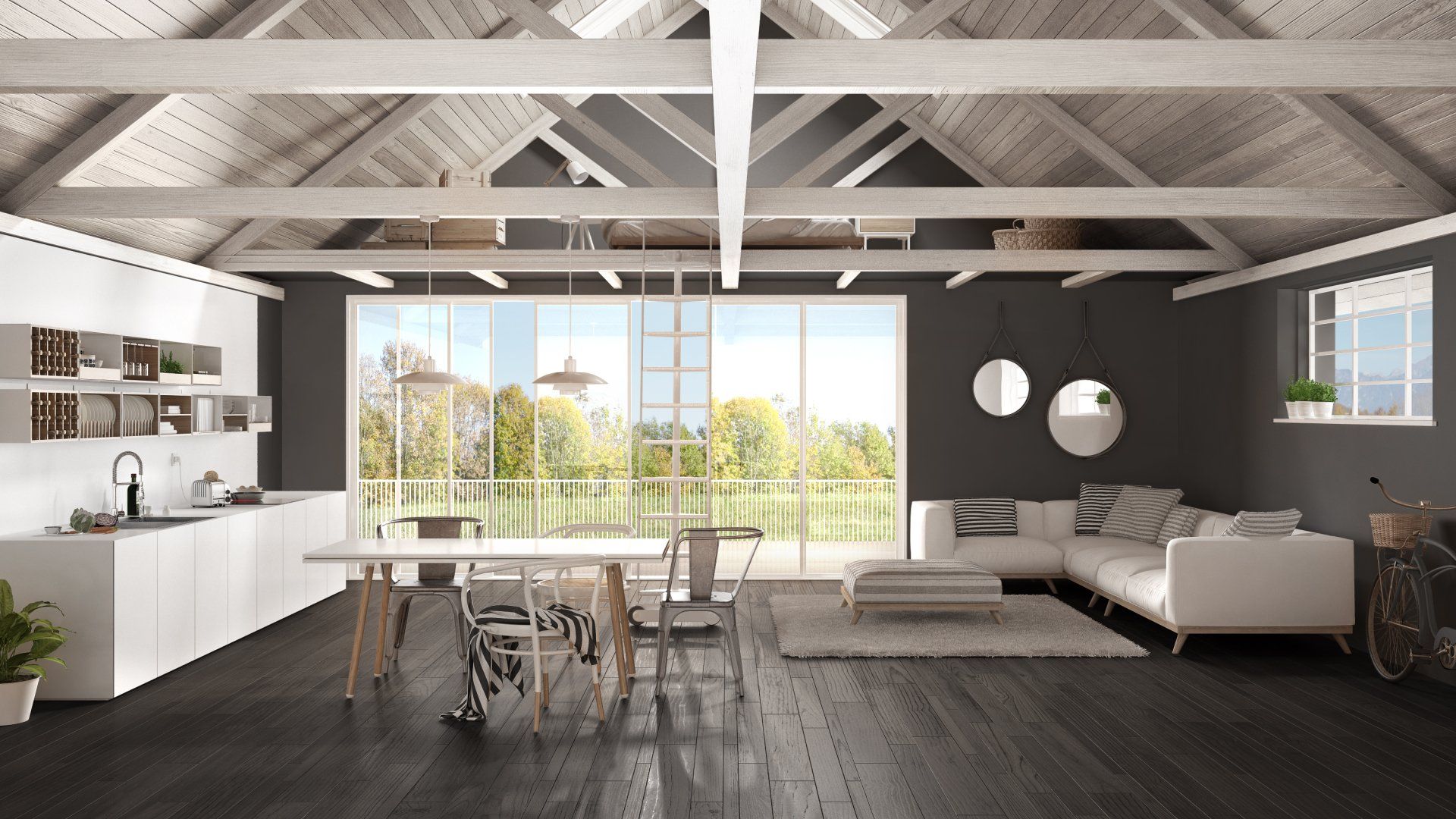 A living room with a couch , table , chairs and a large window.