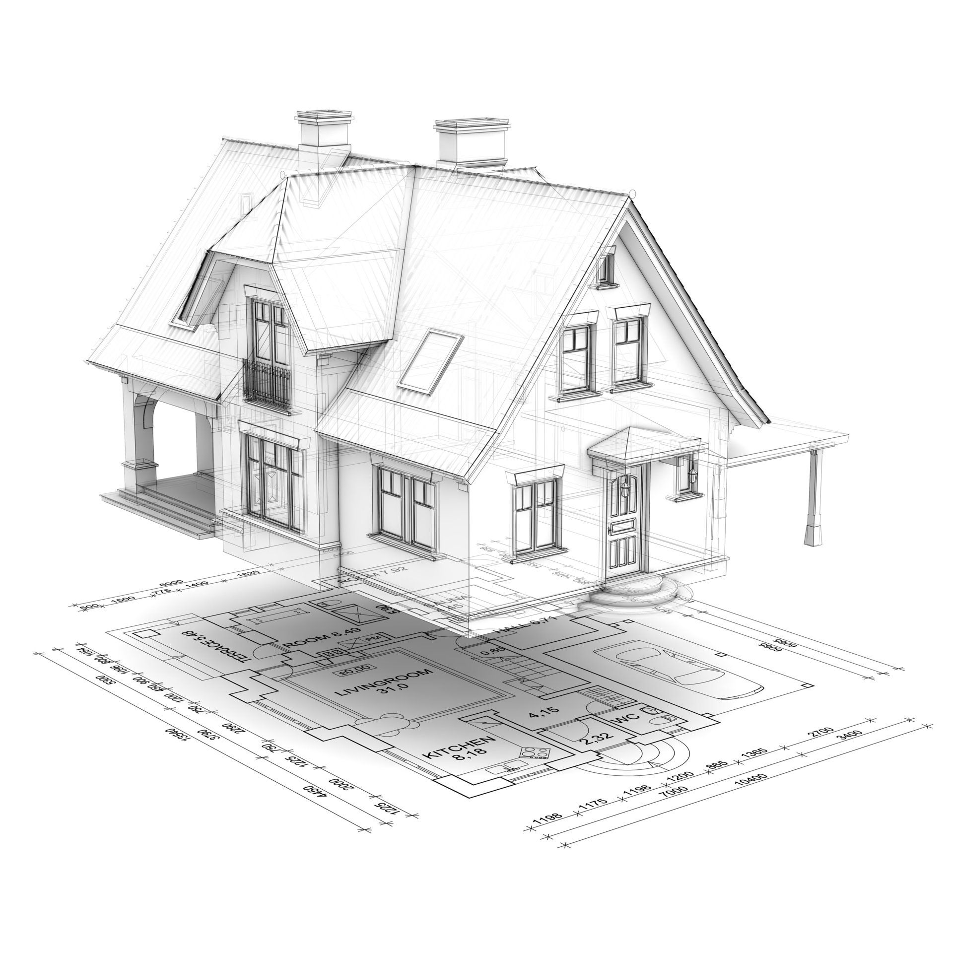 A black and white drawing of a house on top of a blueprint.