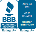 BBB Accredited Business logo, A+ rating. Since 1991. Profile link, updated 9/17/2018.