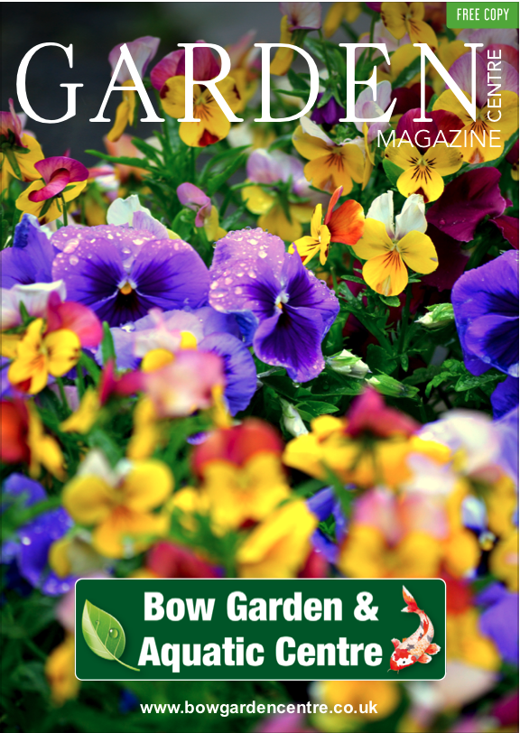Magazine cover for Bow Garden & Aquatic Centre featuring a vibrant, close-up cluster of colorful purple and yellow pansies.