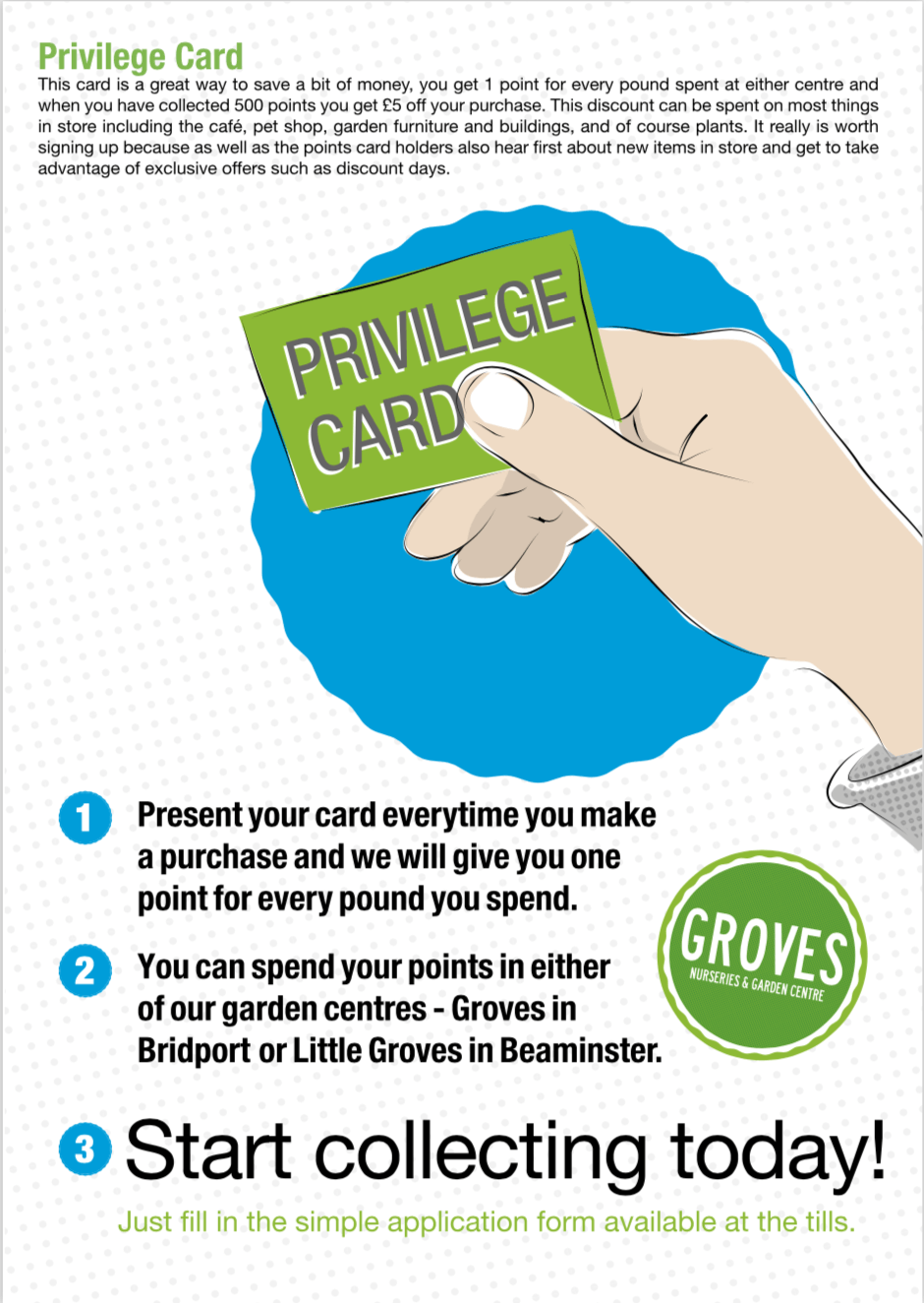 A promotional flyer for the Groves garden centre loyalty card, showing a hand holding a green card against a blue circle.