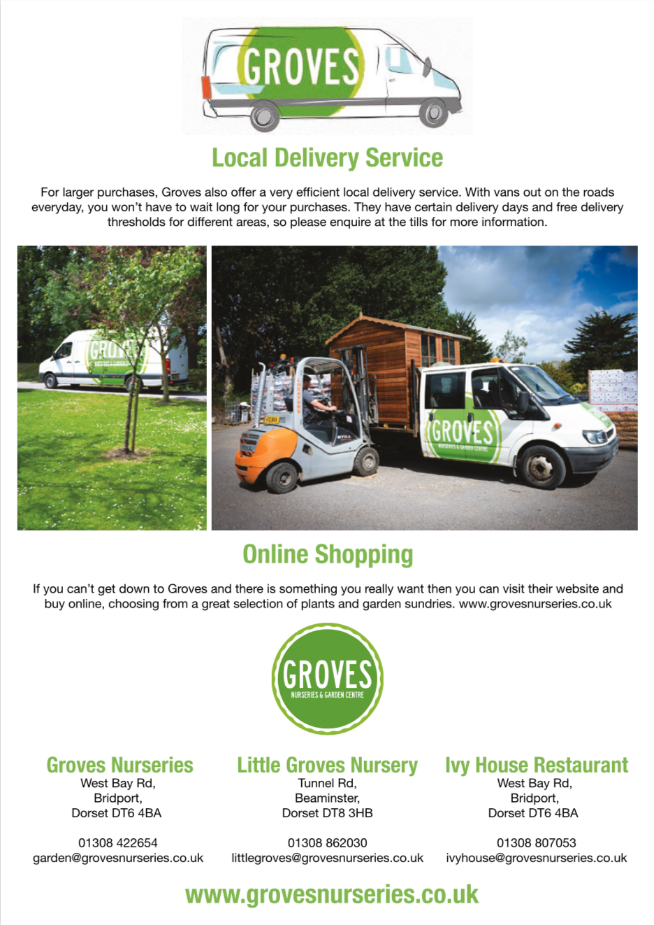 A flyer for Groves Nurseries advertising local delivery and online shopping, with contact details for three locations.