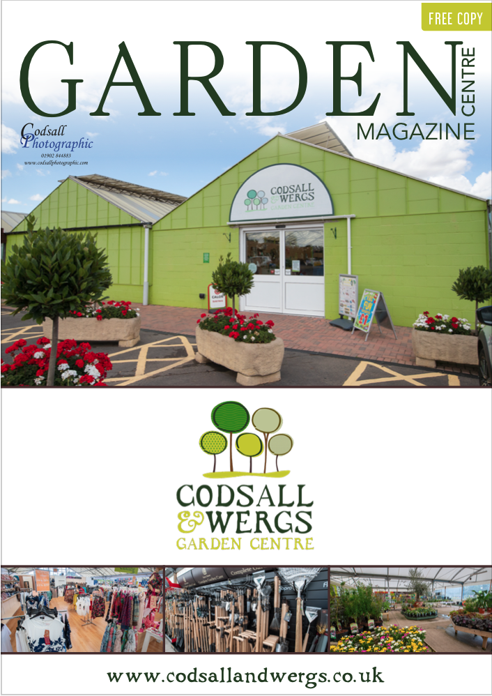 Cover of Garden Centre Magazine featuring Codsall & Wergs Garden Centre, with a store exterior, logo, and website address.