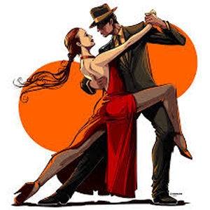 Una coppia in eleganti abiti formali balla il tango, la persona con l'abito rosso assume una posa sullo sfondo di due cerchi arancioni.