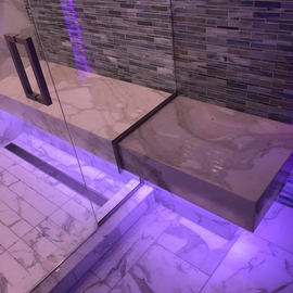 Picture of bathroom vanity fabricated and installed by L&E Marble and Granite