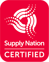 Red Supply Nation Certified logo with white abstract design.