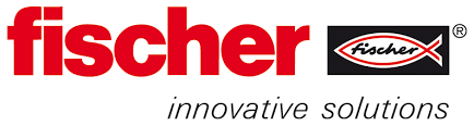 Logo Fischer con scritta rossa, emblema nero e slogan grigio 
