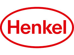 Logo Henkel in testo rosso all'interno di un ovale rosso su sfondo bianco.